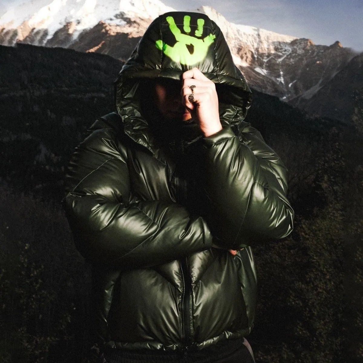 Moncler Green Puffer Jacket with Hood and Logo