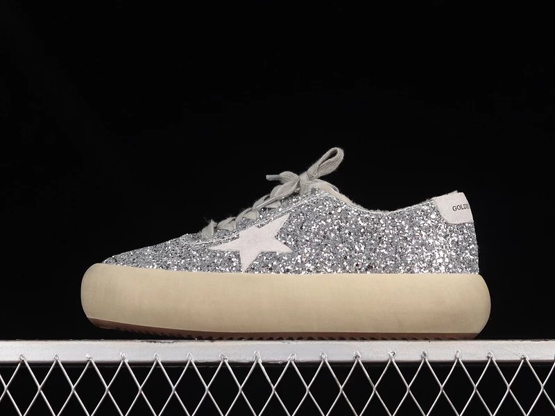 Golden Goose Silver Glitter Sneakers with Star Detail
