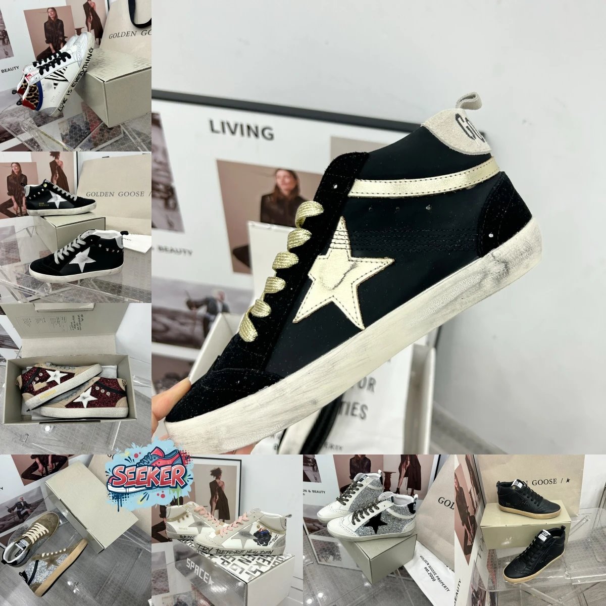 Golden Goose Black Star Sneakers with Gold Laces and Distressed Sole