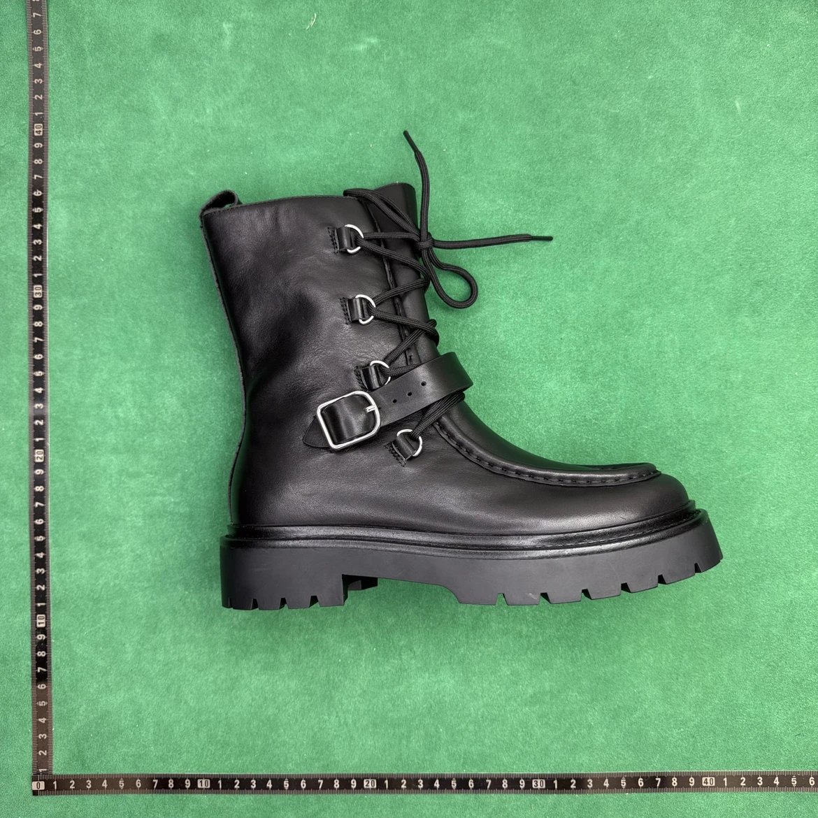 Black Leather Combat Boots with Buckle and Lace-Up Design