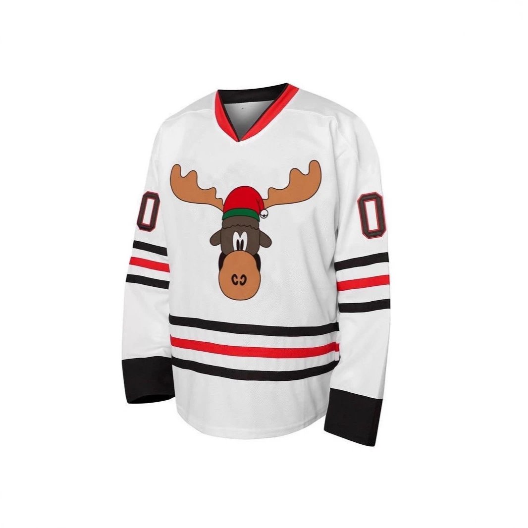 Christmas Reindeer Hockey Jersey White Red Black Stripes