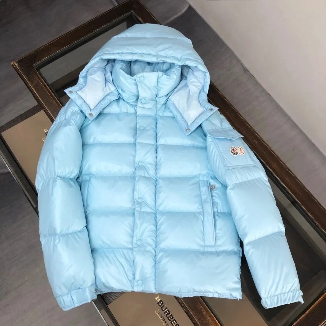 Light Blue Moncler Down Jacket with Hood and Logo Patch