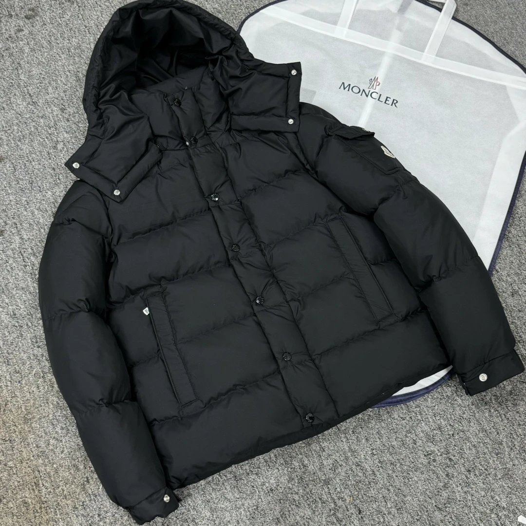 Moncler Black Down Jacket with Hood and Button Closure