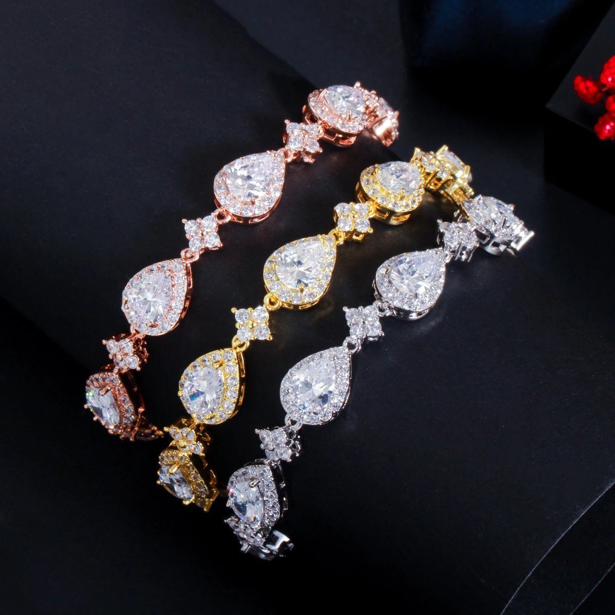 Elegant Teardrop Crystal Bracelets in Rose Gold Yellow Gold and Silver