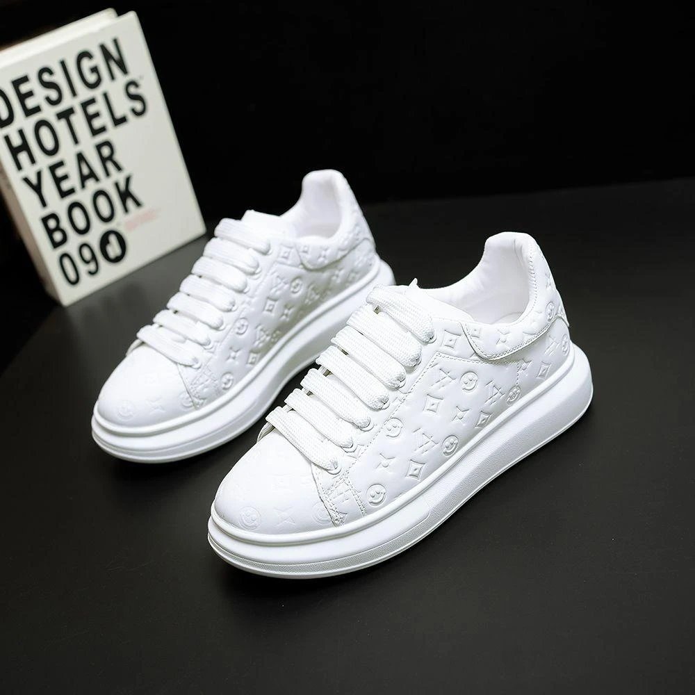 White Embossed Pattern Platform Sneakers for Women