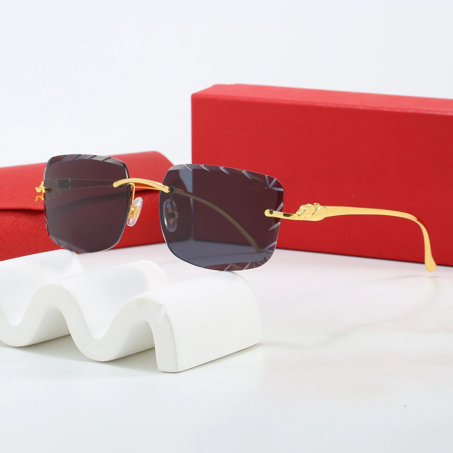 Gold Rimless Square Sunglasses with Dark Lens Fashion Eyewear