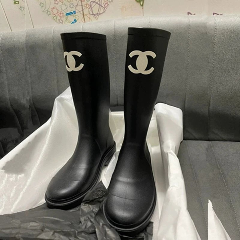 Chanel Black Rubber Rain Boots with CC Logo