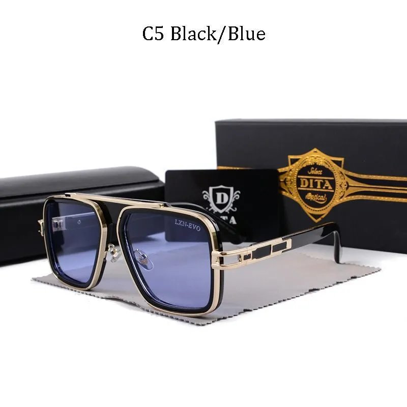 DITA C5 Black Blue Sunglasses Square Frame Gold Trim