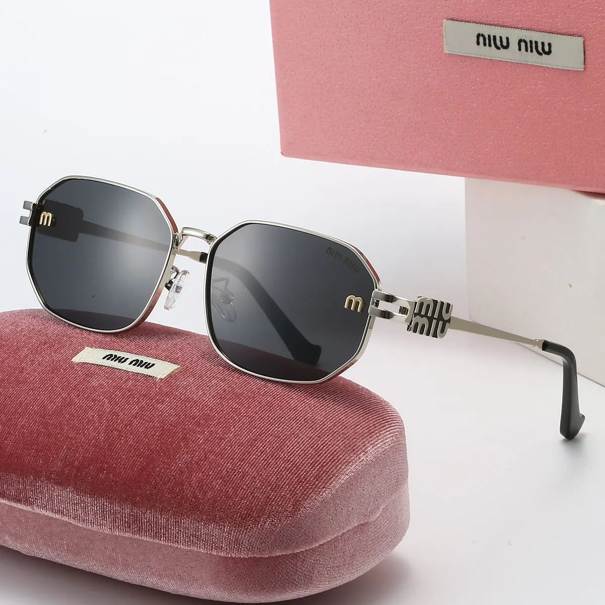 MIU MIU Square Sunglasses with Metal Frame and Dark Lenses