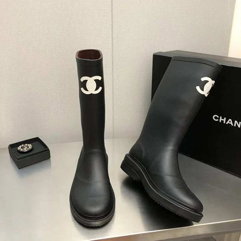 Chanel Black Rubber Rain Boots with CC Logo