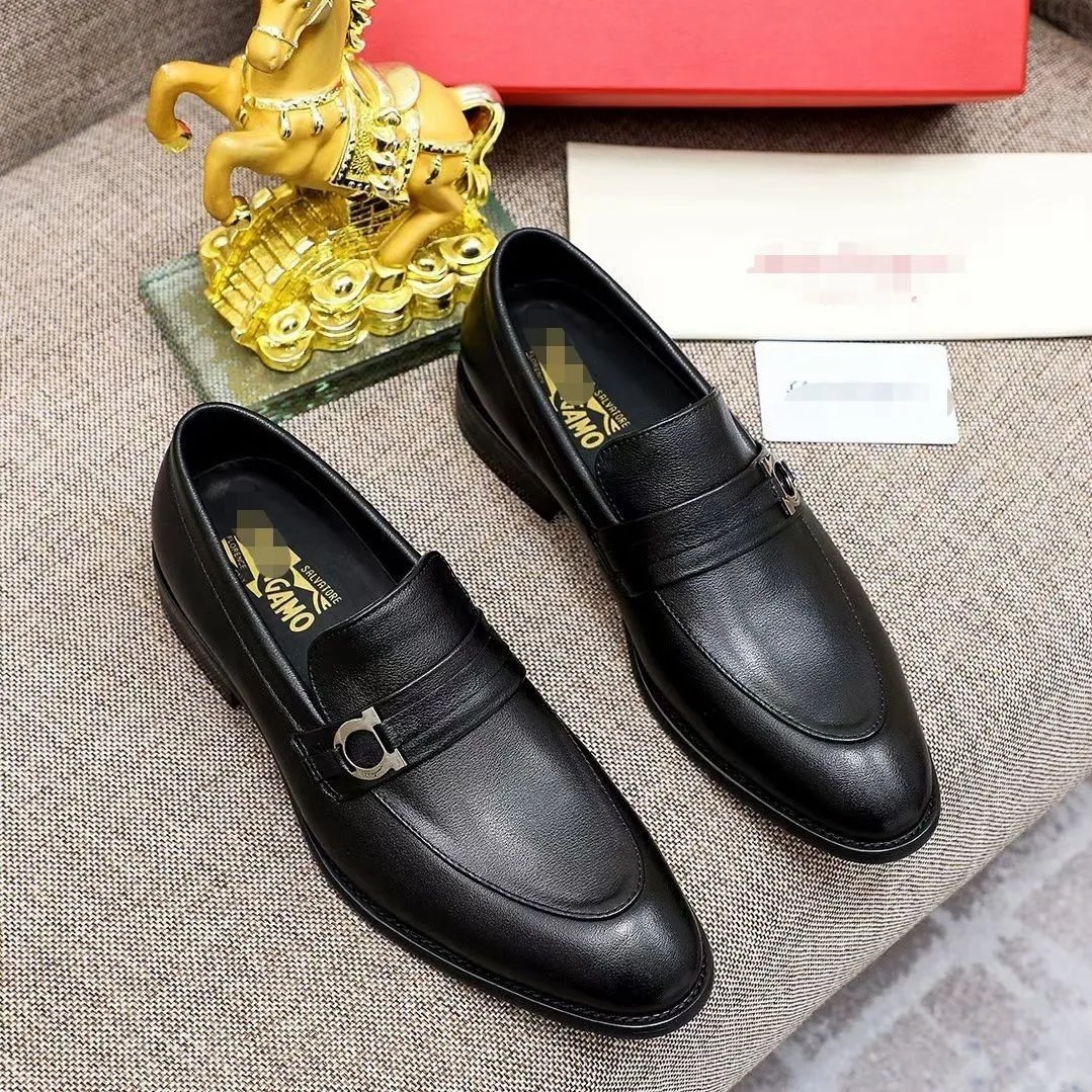 Men's Black Leather Loafer Shoes with Metal Buckle Design