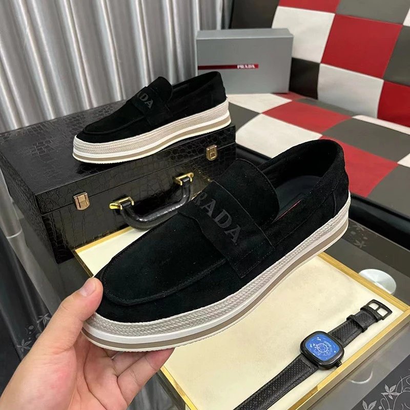PRADA Black Suede Loafers with Thick Sole Men's Fashion Shoes