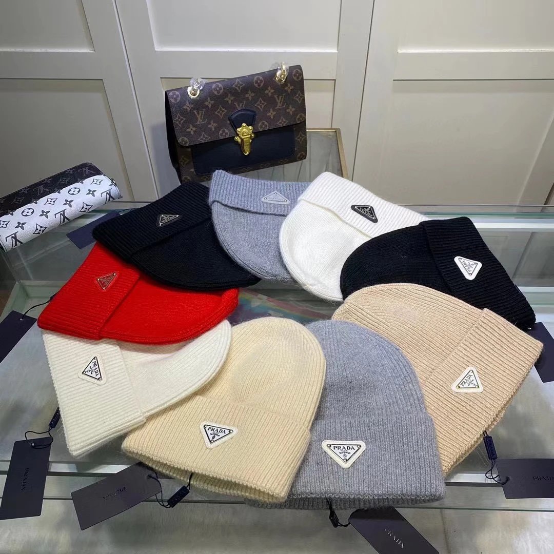 Prada Knit Beanie Hat with Logo Patch