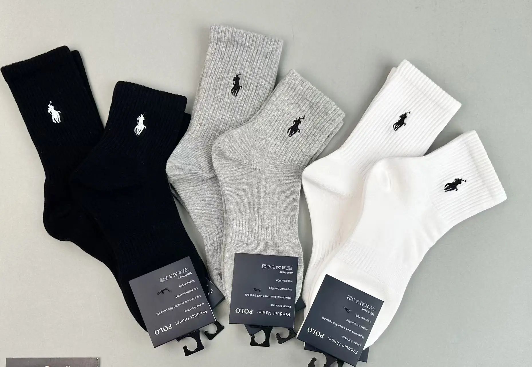 POLO Cotton Crew Socks for Men in Black Gray White