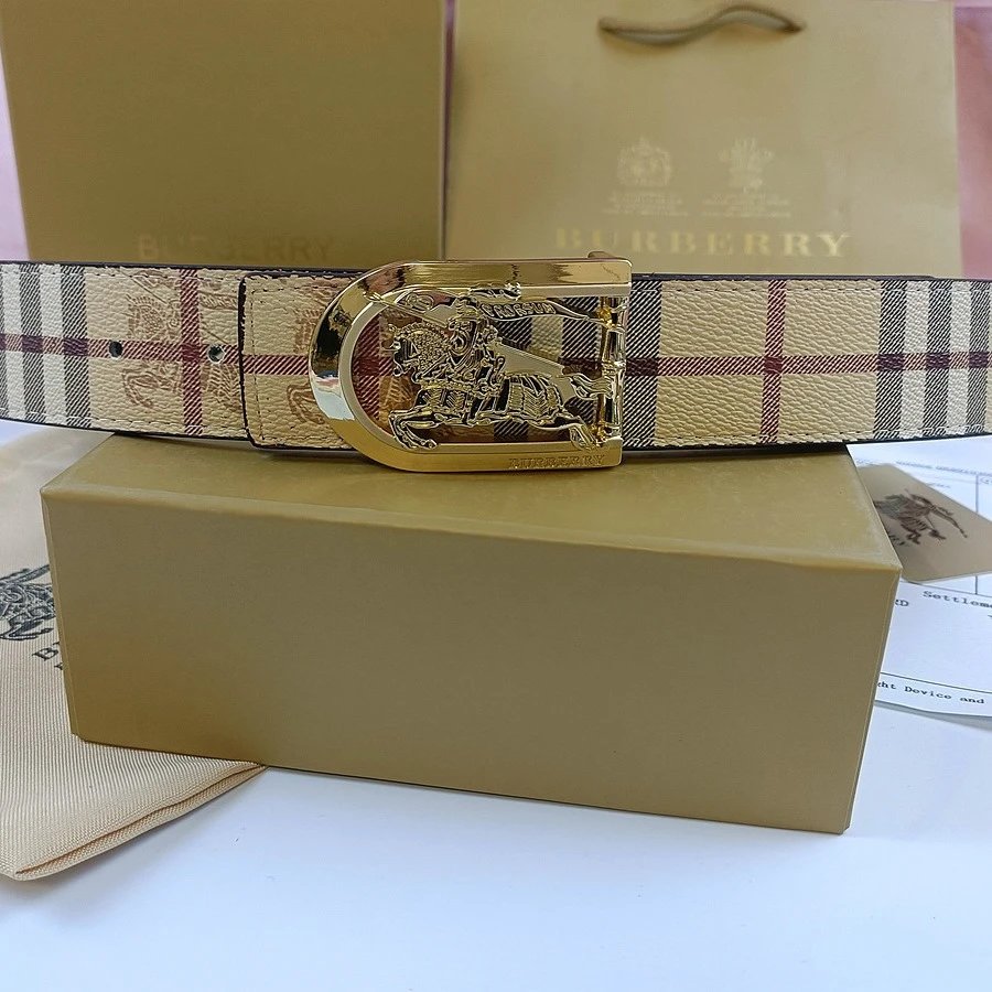 Burberry Check Pattern Leather Belt with Gold Equestrian Buckle