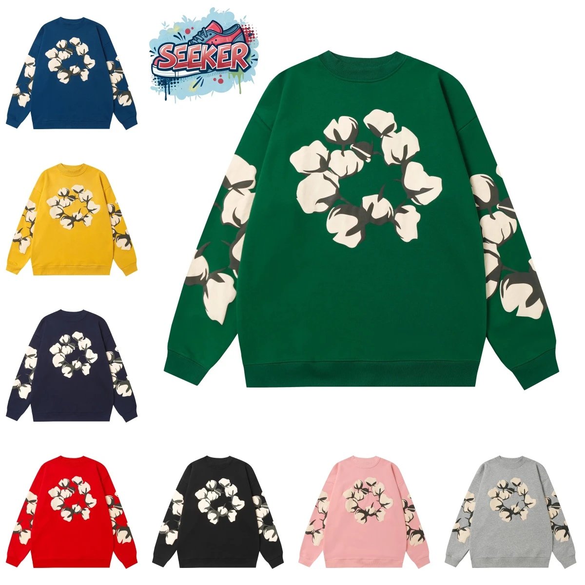 SEEKER Floral Print Crewneck Sweatshirt Unisex Oversized Streetwear