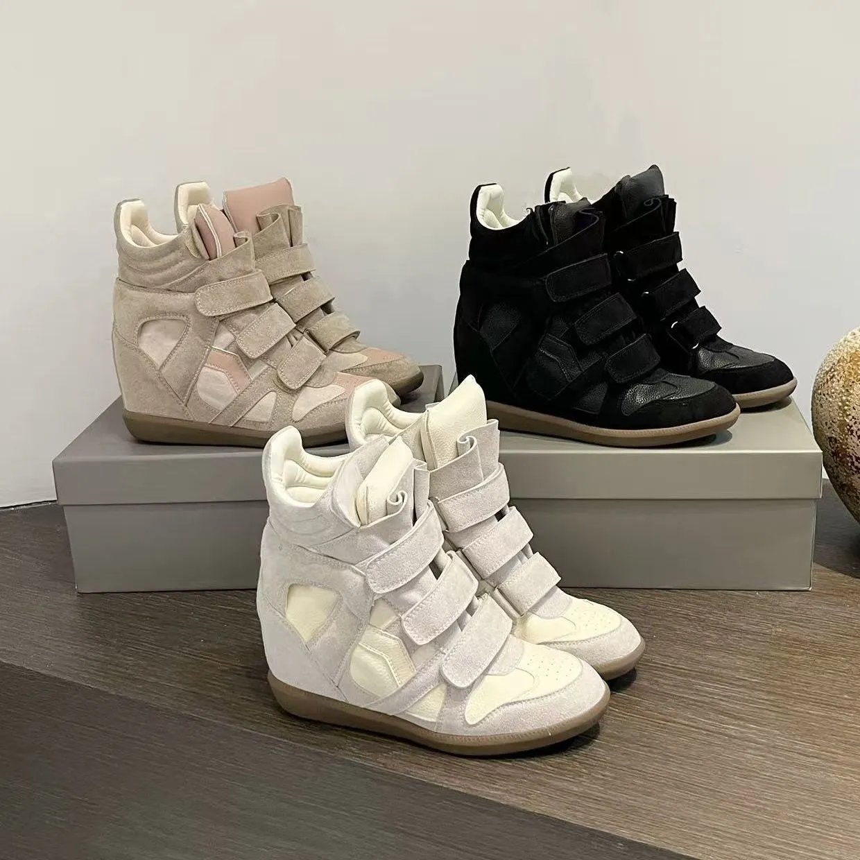 High Top Wedge Sneakers Women Fashion Velcro Strap Casual Shoes