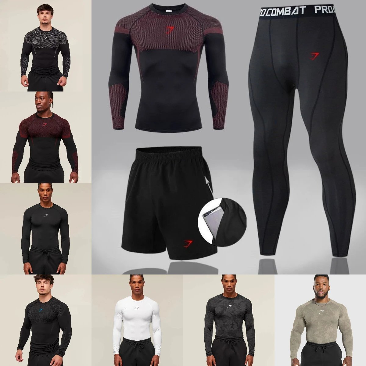 Men's Compression Workout Set Long Sleeve Shirt Shorts Tights Fitness Gear