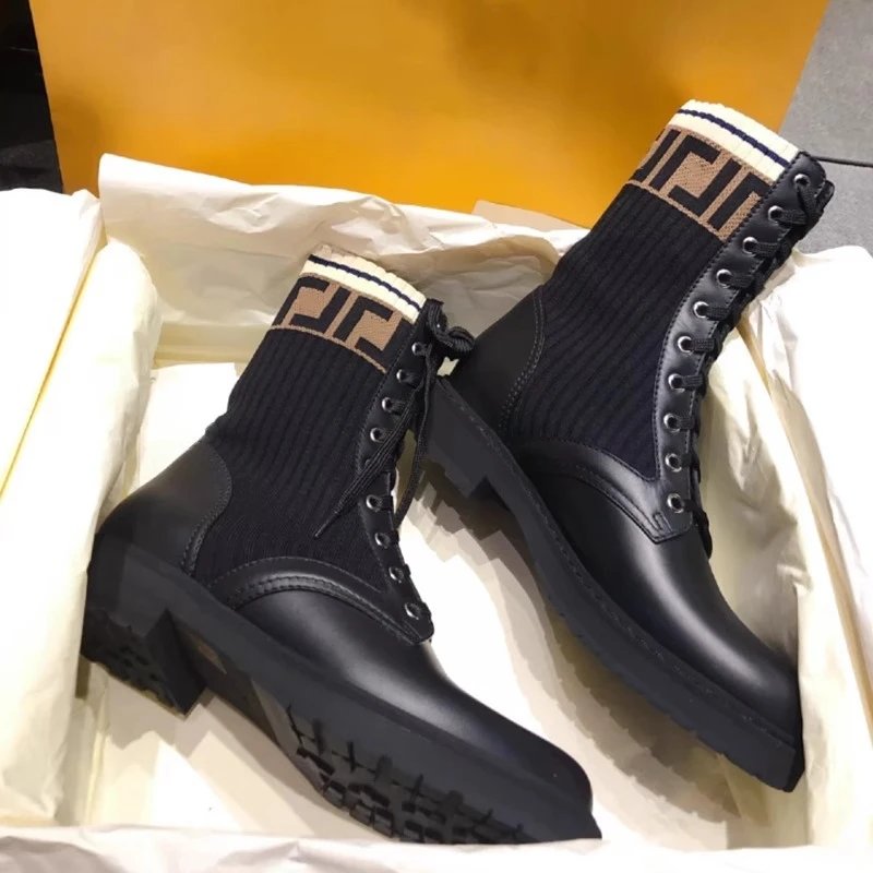 Fendi Black Leather Knit Ankle Boots with Logo Stripe