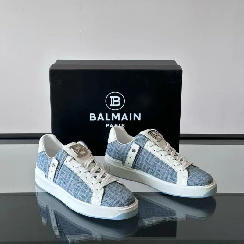 BALMAIN Paris Monogram Print Sneakers White Blue
