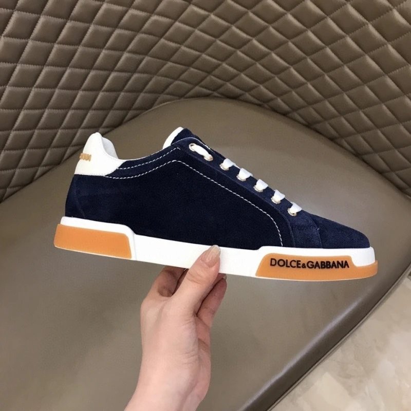 Dolce & Gabbana Navy Blue Suede Sneakers with Orange Sole