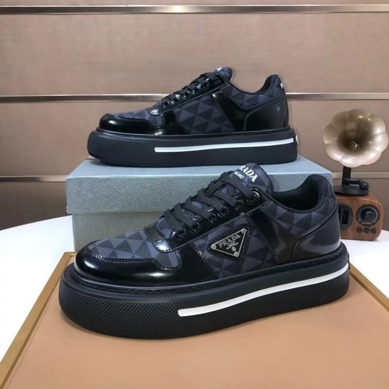 Prada Black Leather Sneakers with Triangular Pattern and Platform Sole