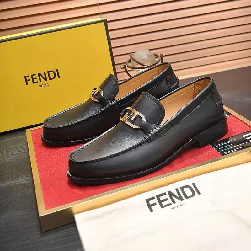 FENDI Black Leather Loafers with Gold Buckle Detail