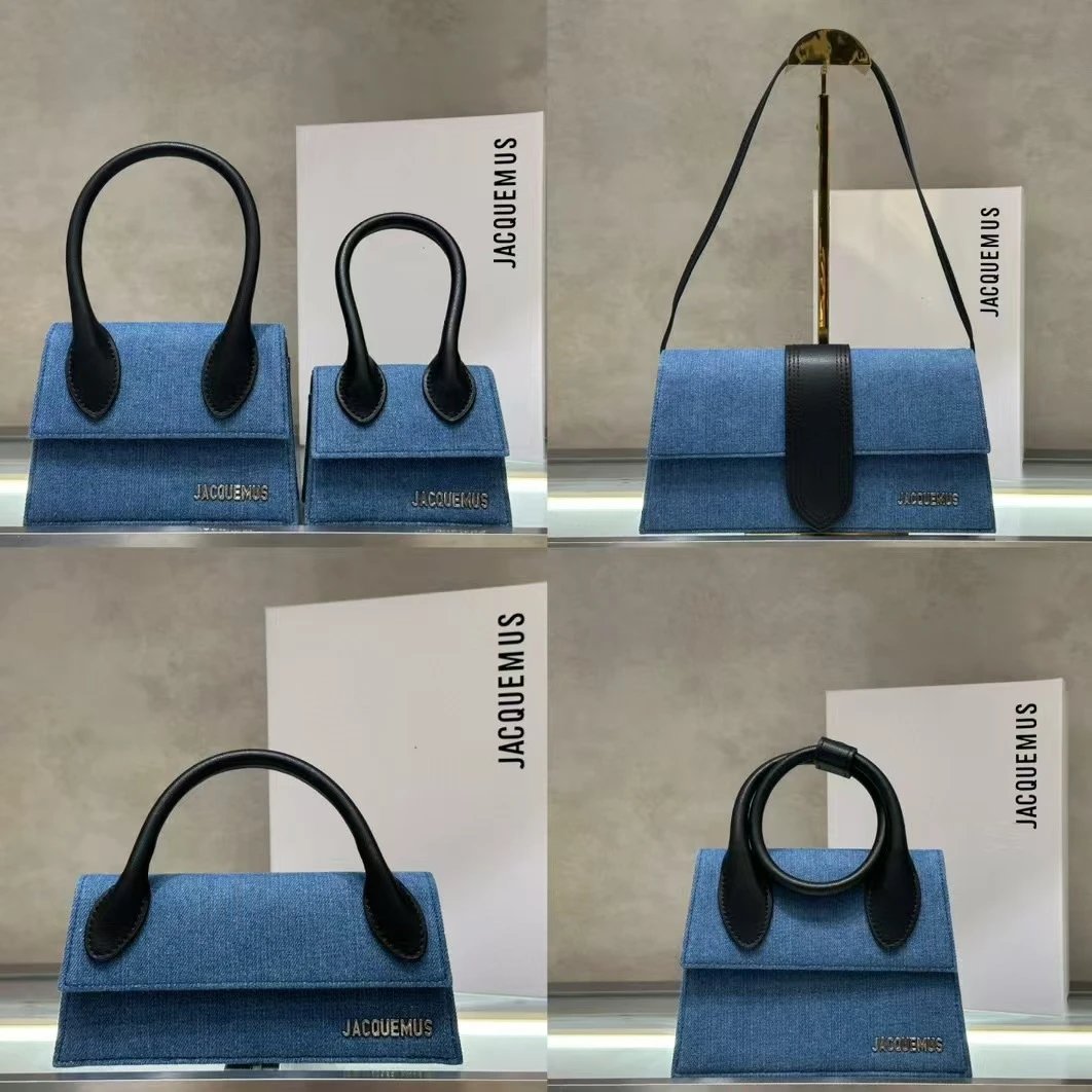 JACQUEMUS Blue Denim Mini Bag with Black Leather Handle