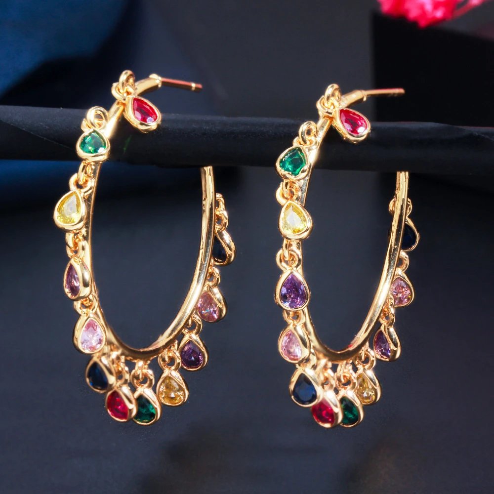 Colorful Crystal Hoop Earrings Gold Plated Jewelry
