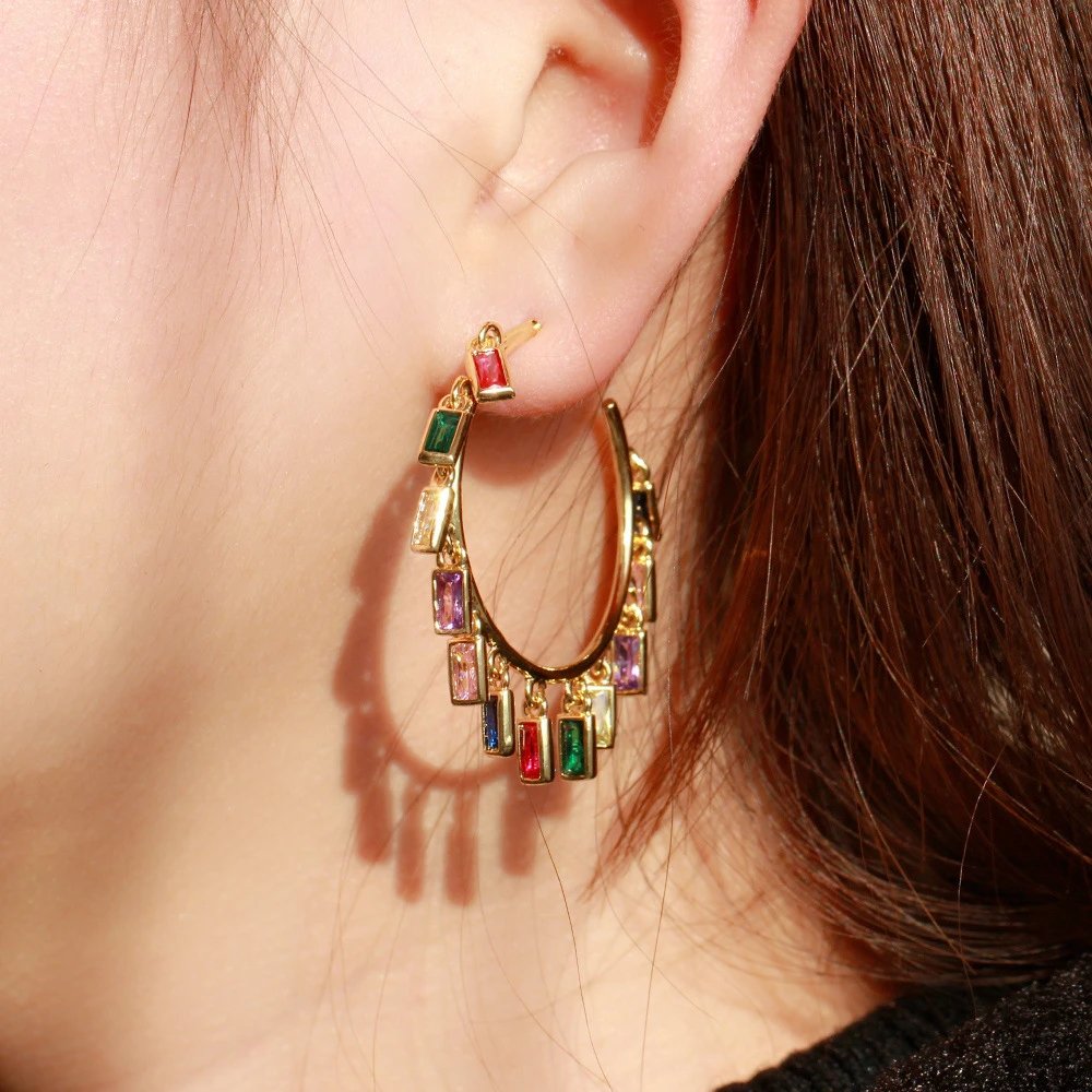 Colorful Gemstone Hoop Earrings Gold Plated Fashion Jewelry