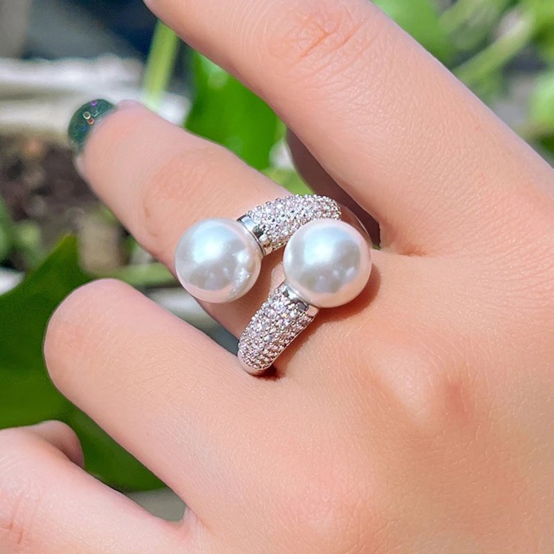 Double Pearl Ring with Crystal Band Fashion Jewelry