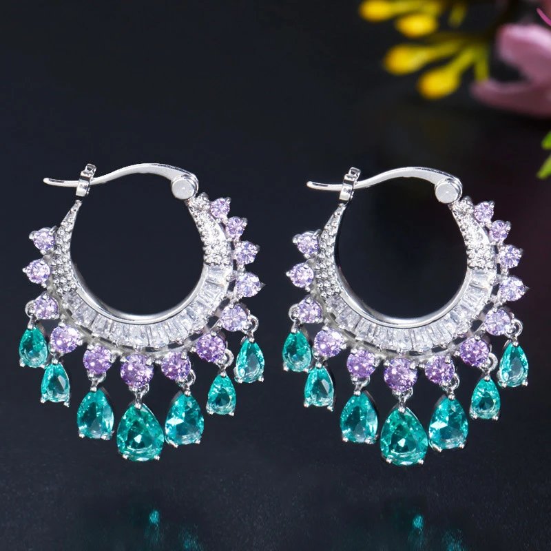 Stunning Silver Hoop Earrings with Purple and Teal Gemstones