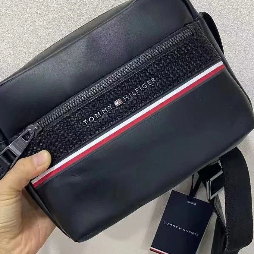 Tommy Hilfiger Men's Black Crossbody Bag with Red and White Stripe