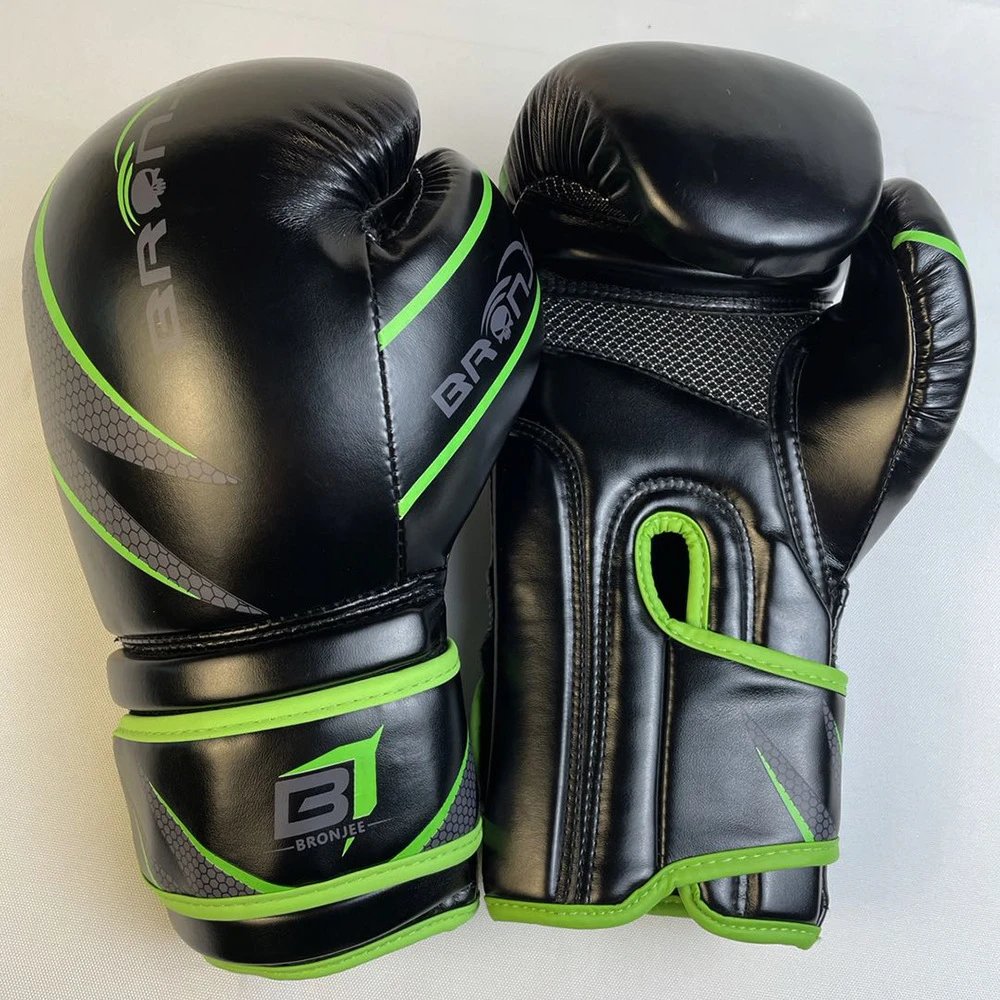 BRONJEE Boxing Gloves Black Green Professional Training Fight Gear