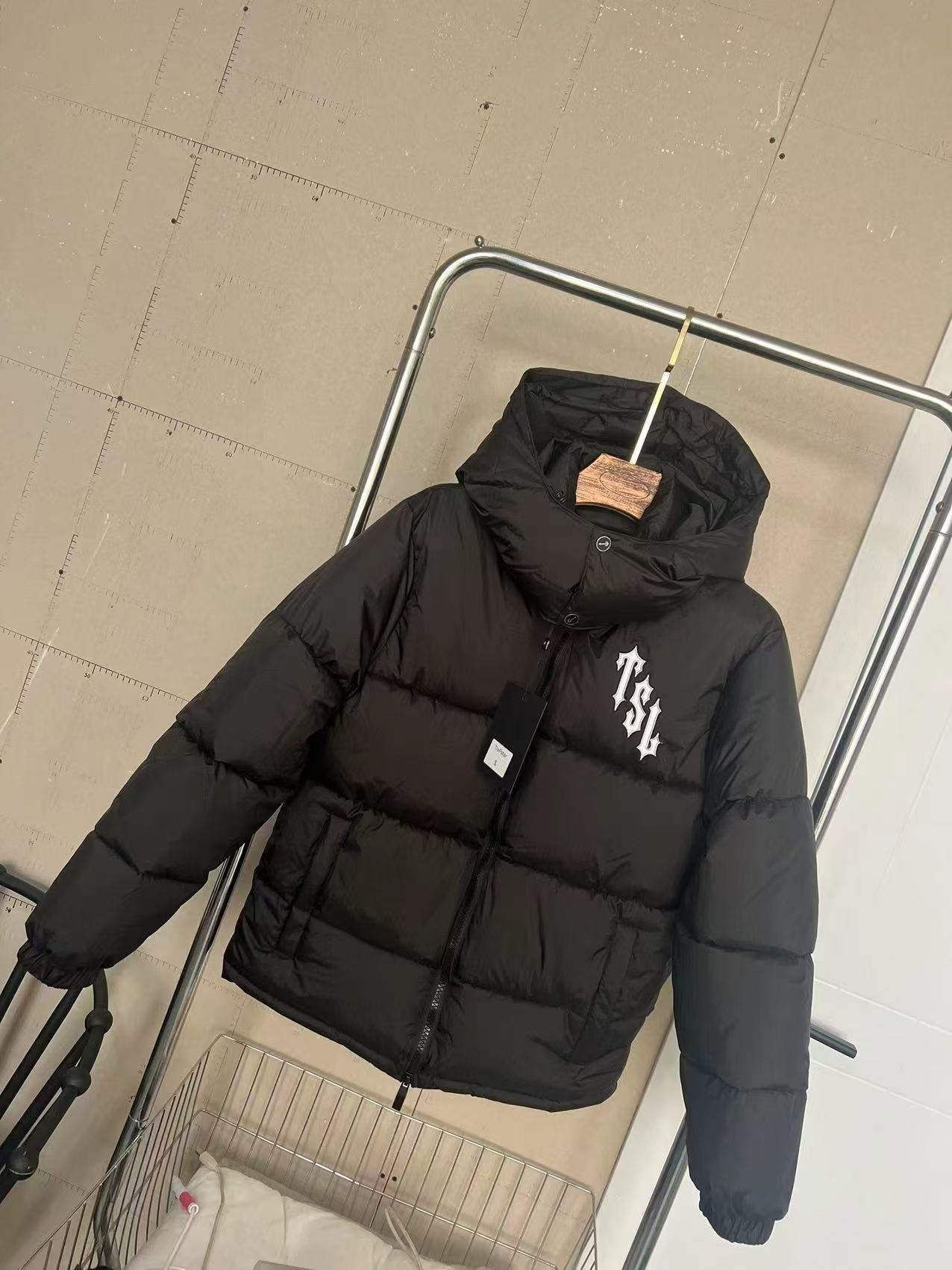 TSL Black Hooded Puffer Jacket with Logo Design