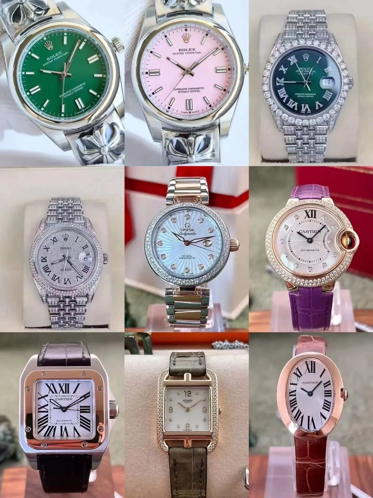 Luxury Rolex Oyster Perpetual Watches with Green Pink and Diamond Dial
