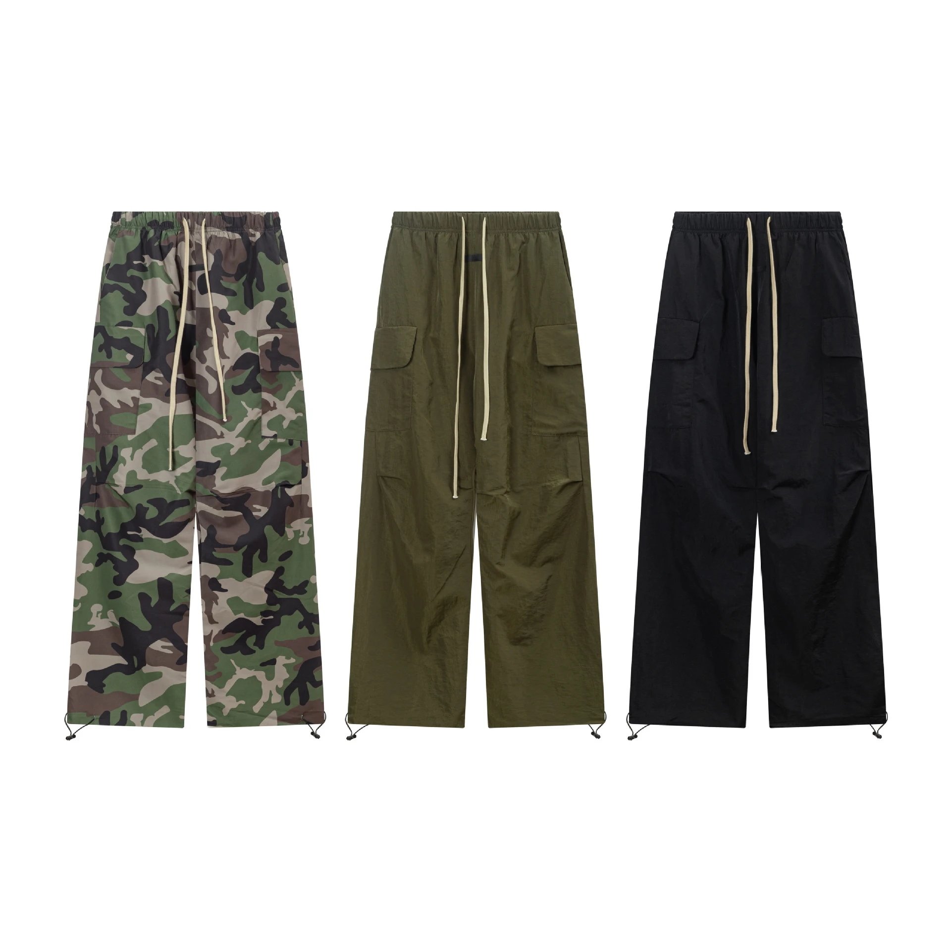Cargo Pants Camouflage Olive Black Drawstring Wide Leg