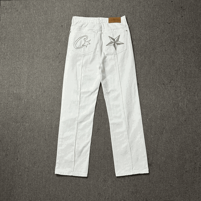 White Embroidered Star Logo Pants