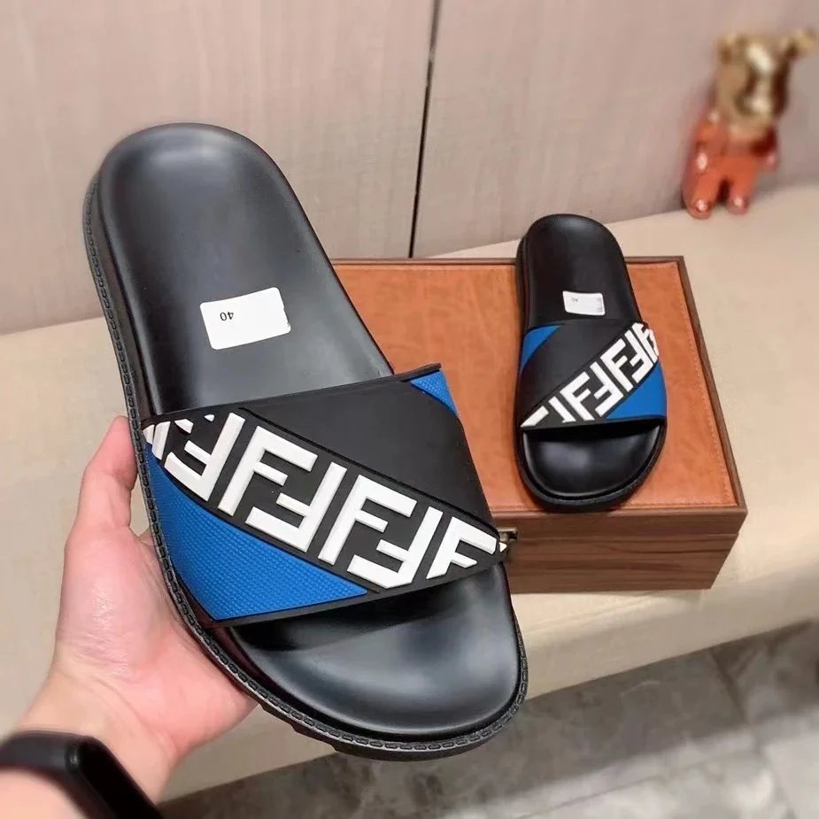 FENDI Black Blue Logo Slide Sandals Men Women Fashion Slippers
