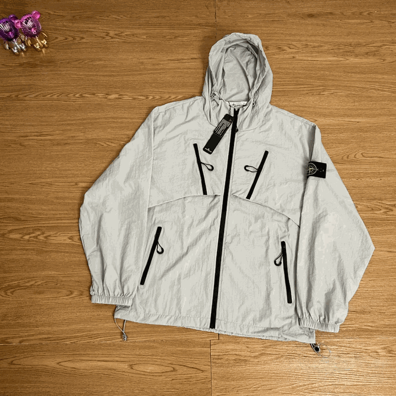 Light Gray Hooded Windbreaker Jacket with Black Zipper and Pockets