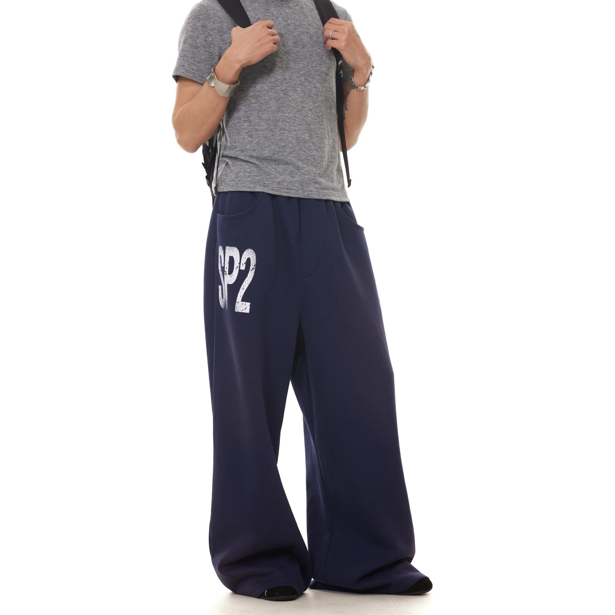 SP2 Navy Blue Wide Leg Sweatpants for Men