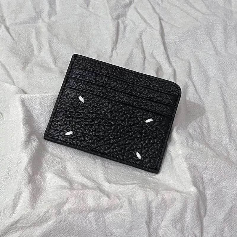 Minimalist Black Leather Card Holder with White Stitching