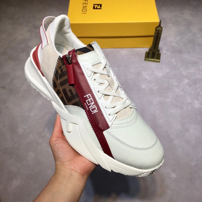 FENDI White Red Sneakers with FF Logo and Zip Detail