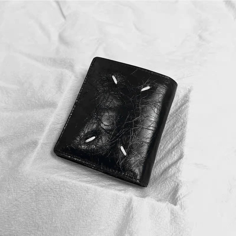 Black Leather Wallet with White Stitching Details