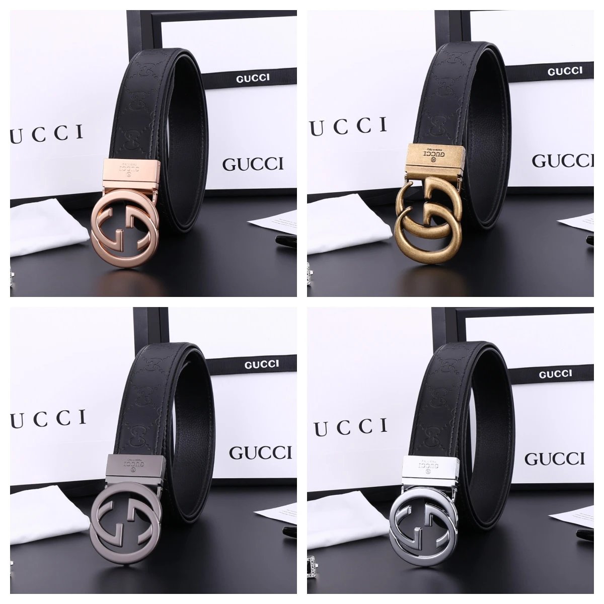 Gucci Double G Logo Leather Belt in Black with Rose Gold Silver and Bronze Buckle