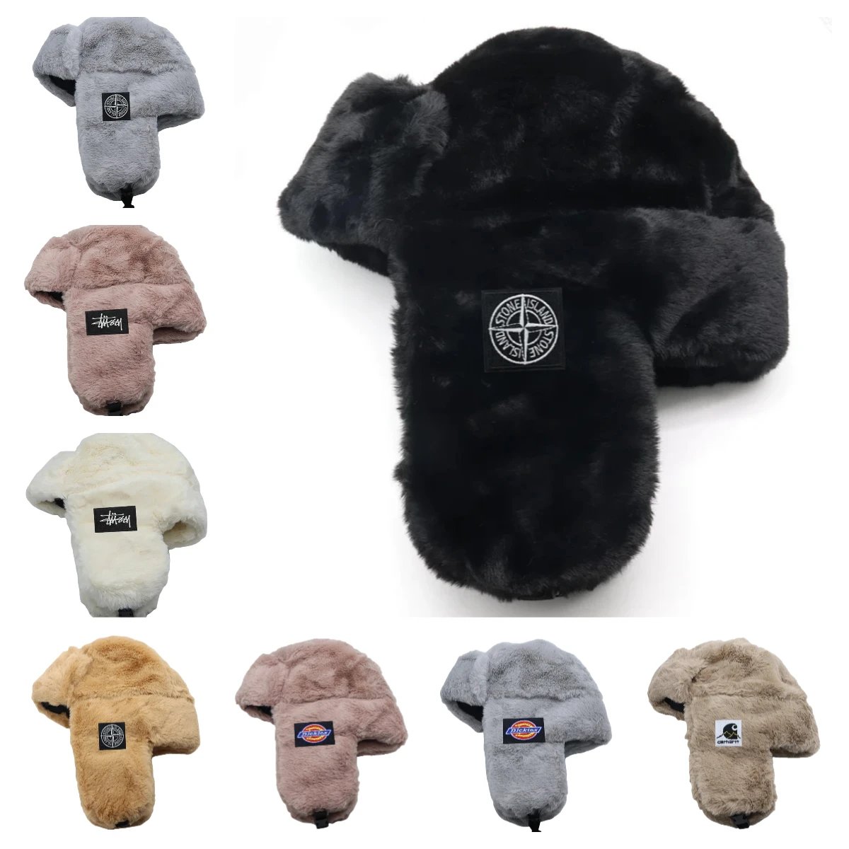 Faux Fur Winter Hat with Logo Patch Warm Trapper Hat
