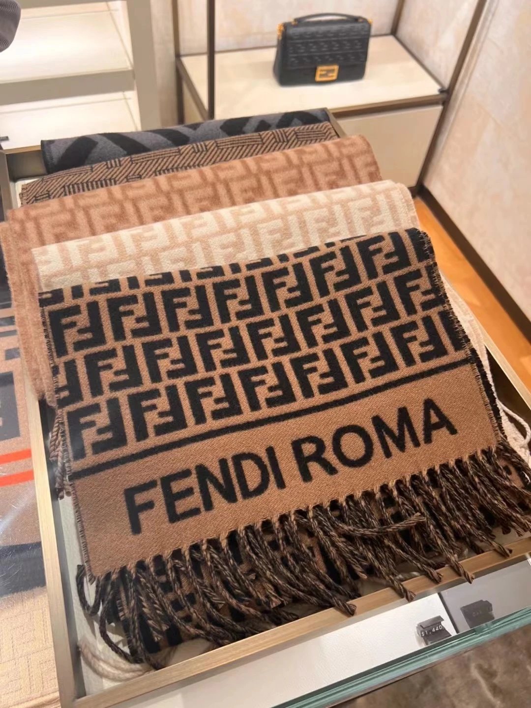 FENDI ROMA Logo Pattern Wool Scarf with Fringes