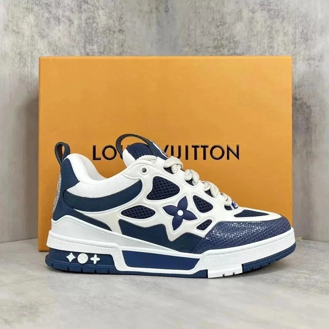 Louis Vuitton Men's Blue and White Sneakers with Monogram Design