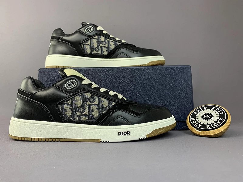 Dior Black Leather Sneakers with Oblique Pattern and White Sole