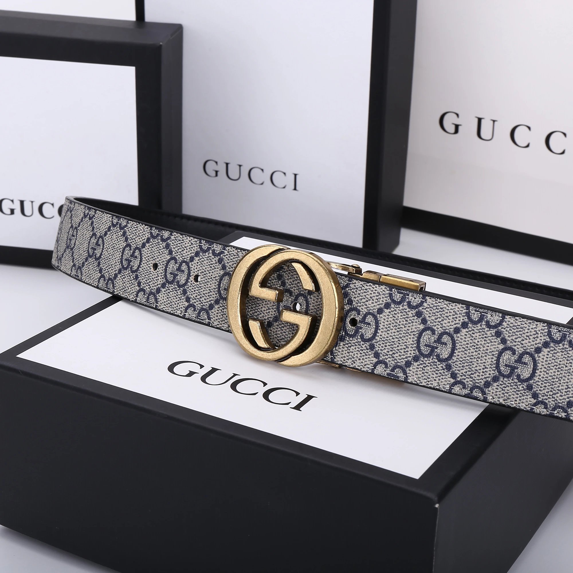 Gucci GG Supreme Belt with Gold Tone Buckle